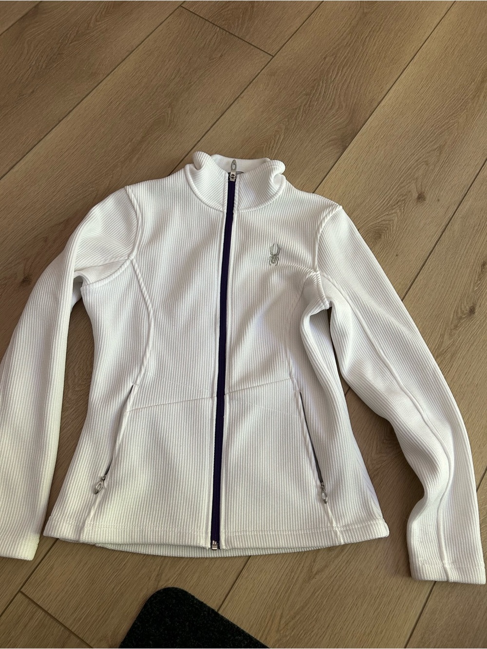 Spyder White Ribbed Zip-Front Jacket with purple Trim
